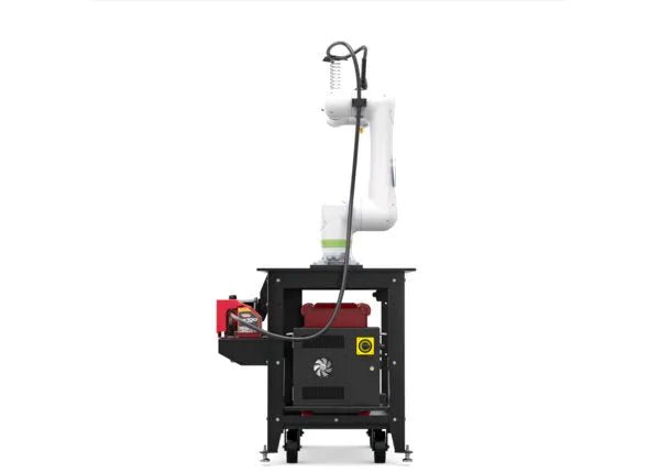 Lincoln ClassMate CRX-10iA welding cobot trainer with robotic arm on wheeled workstation, electrical box, fan—WeldingMart equipment.