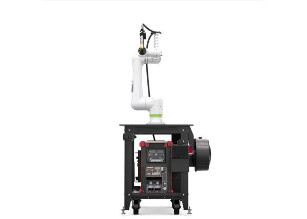 Lincoln ClassMate CRX-10iA Cobot Trainer robotic welding arm with control panels on black metal workstation for welding equipment.