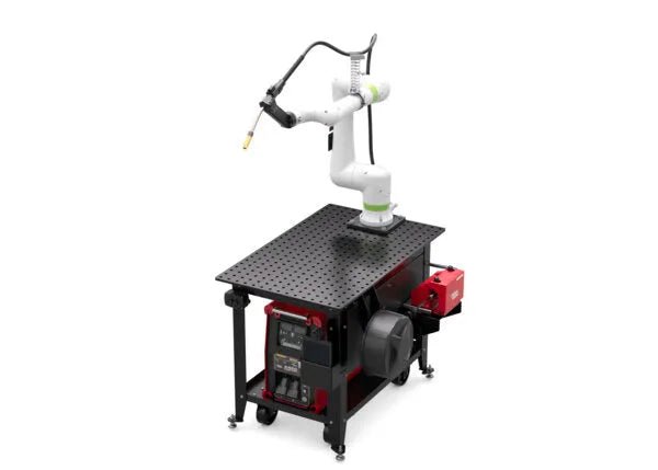 Lincoln ClassMate CRX-10iA Cobot Trainer with robotic welding arm, controls, and machine on mobile perforated welding worktable.