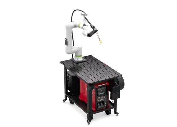 Lincoln ClassMate CRX-10iA Cobot Trainer for welding automation, mobile white robotic arm on black worktable from WeldingMart.