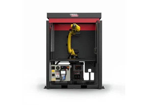 Lincoln ClassMate Pro Robotic Welding Trainer AD2446-23 with yellow robotic arm, Lincoln Electric cabinet, welding control panels.