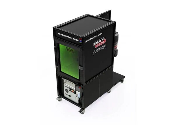 Lincoln ClassMate Laser Welding Trainer AD2446-15: robotic welding equipment with green window, control panel, wheels.