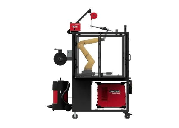 Lincoln ClassMate M Robotic Trainer AD2446-20 with yellow robotic welding arm, safety case, red equipment, and control panels.