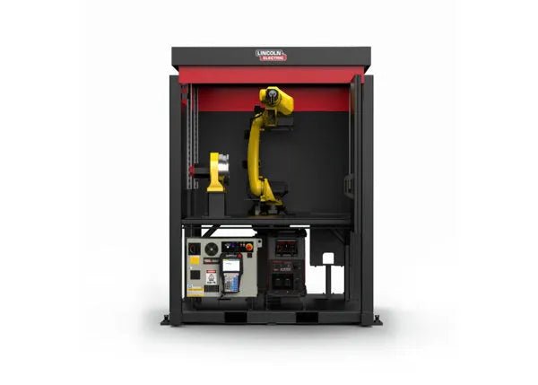 Lincoln ClassMate Pro Robotic Welder Trainer AD2446-24 features a yellow robotic arm in a black and red welding cell enclosure.