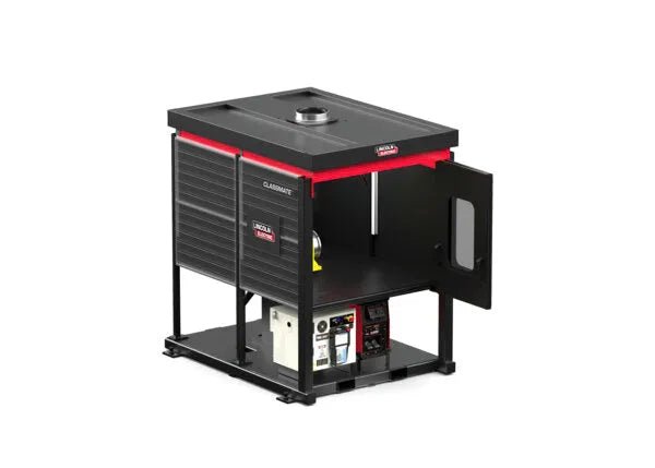 Lincoln ClassMate Pro Robotic Welder Trainer AD2446-24, black/red, with open panel showing controls. WeldingMart welding equipment.