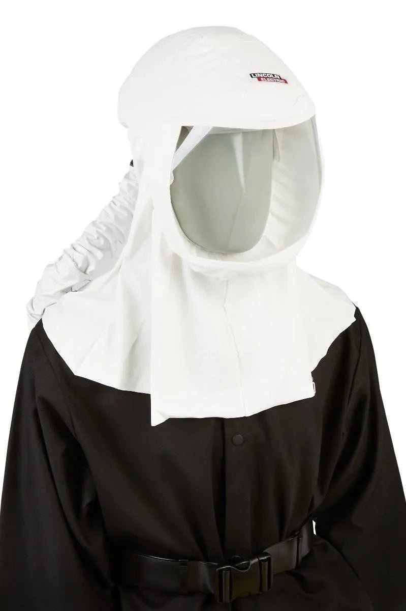 Lincoln Clear Shield HE PAPR K4886-1 welding hood with face shield and hose, offers superior particulate protection for welders.