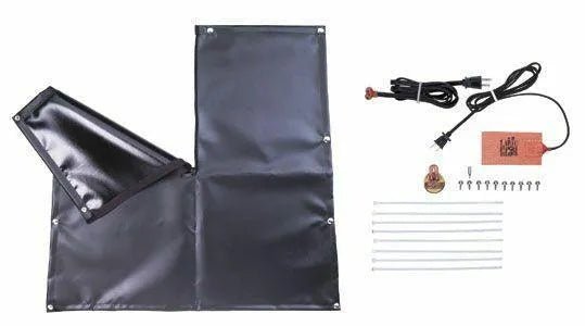 The Lincoln COLD WEATHER HEATER AND TARP KIT (CUMMINS) K2359-1 is shown folded and unfolded with metal grommets. A power cord, control box, screws, zip ties, and mounting hardware are displayed on a white background.