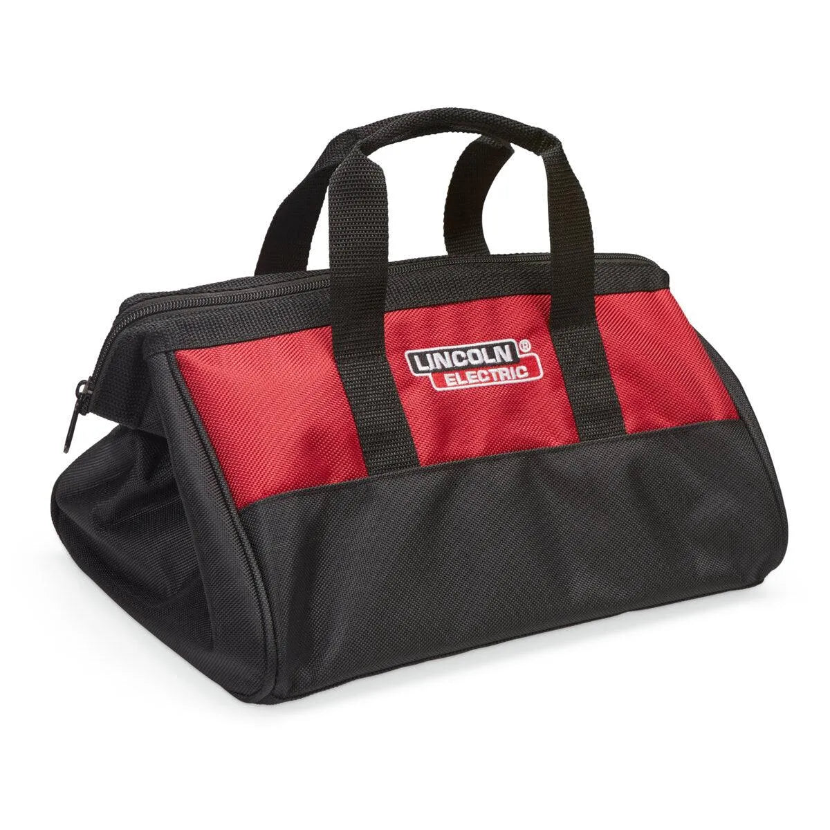 Lincoln Compact Industrial Tool Bag K4774-1—durable black and red fabric, ideal for carrying welding tools and accessories.