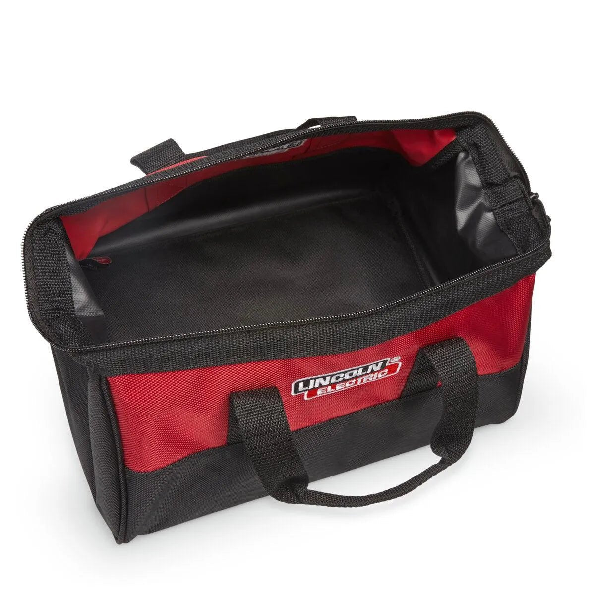 Lincoln K4774-1 Compact Industrial Tool Bag, black/red with Lincoln Electric logo, ideal for welding tools and accessories storage.