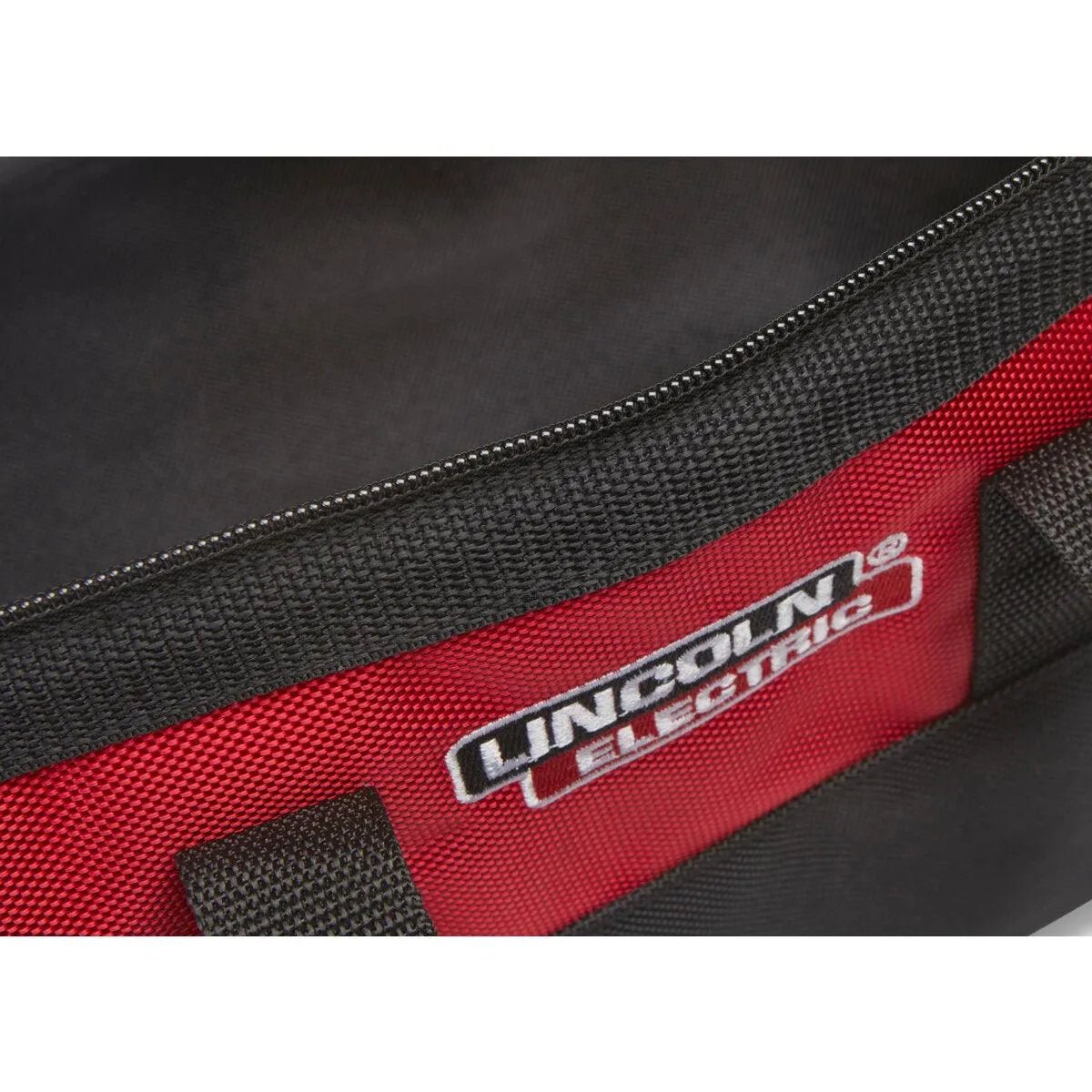 Lincoln Compact Industrial Tool Bag K4774-1 for welding gear, black/red, heavy-duty, zipper, Lincoln Electric logo at WeldingMart.