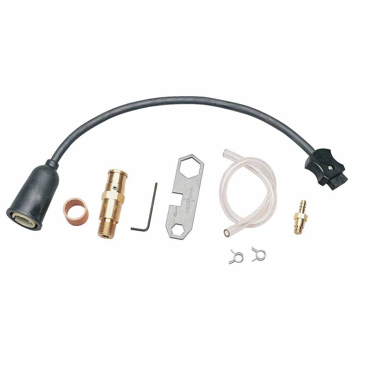 The Lincoln Connector Kit LN-7-8-9, LN-25 K466-1 includes a flexible black hose, brass fittings, connector parts, hex key, metal wrench, clear tubing, two small clamps, copper ring, and a small brass nozzle arranged on a white background.