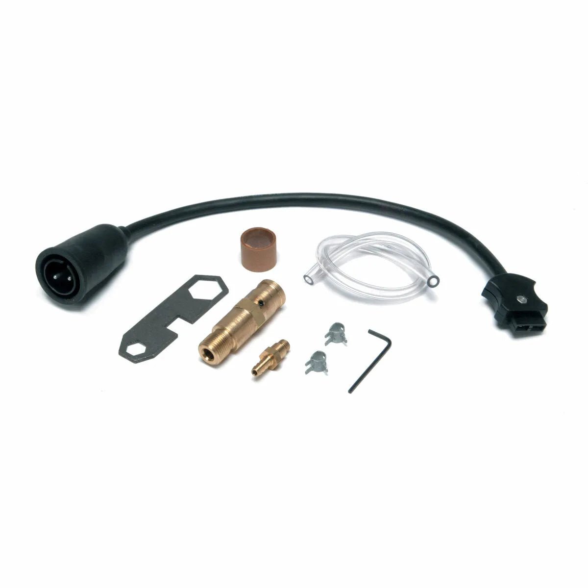 A set of small hardware parts on a white background, including the Lincoln Connector Kit LN-8-9 1/16 & Larger K466-8, brass fitting, hex key, KP42 KP44 series liners, bracket, screws, and metal clips.