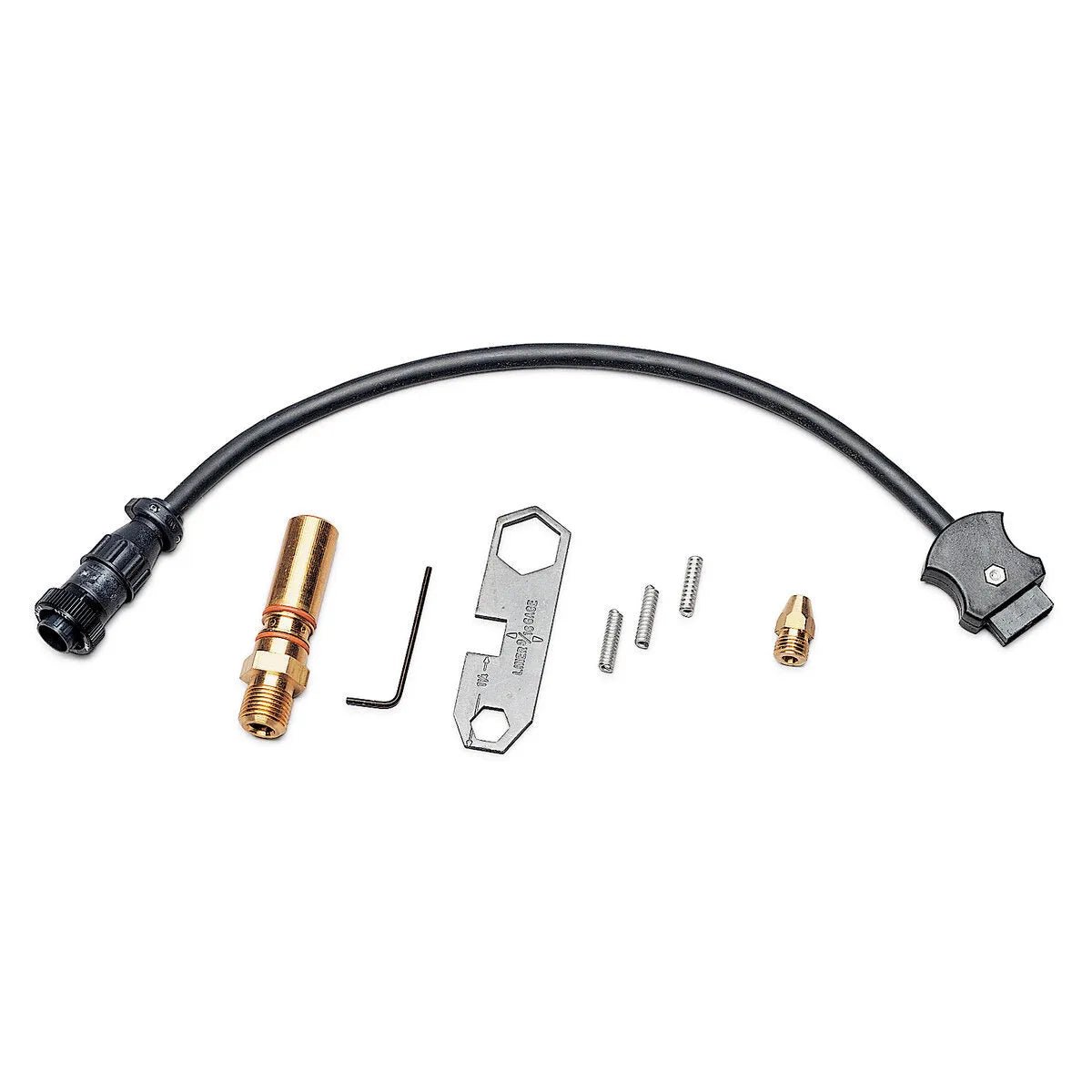 A Lincoln Connector Kit for welding torches, featuring a black cable, brass connector, small hex key, wrench, screws, and a nozzle—all neatly arranged on a white background.