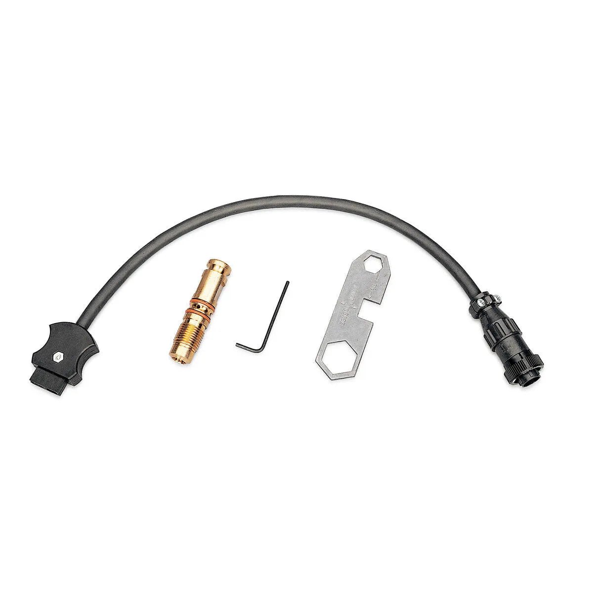 A black hose with connectors on both ends, a brass valve, a small hex key, and a metal wrench tool from the K466-6 Lincoln Connector Kit are arranged on a white background, perfect for your POWER MIG setup.