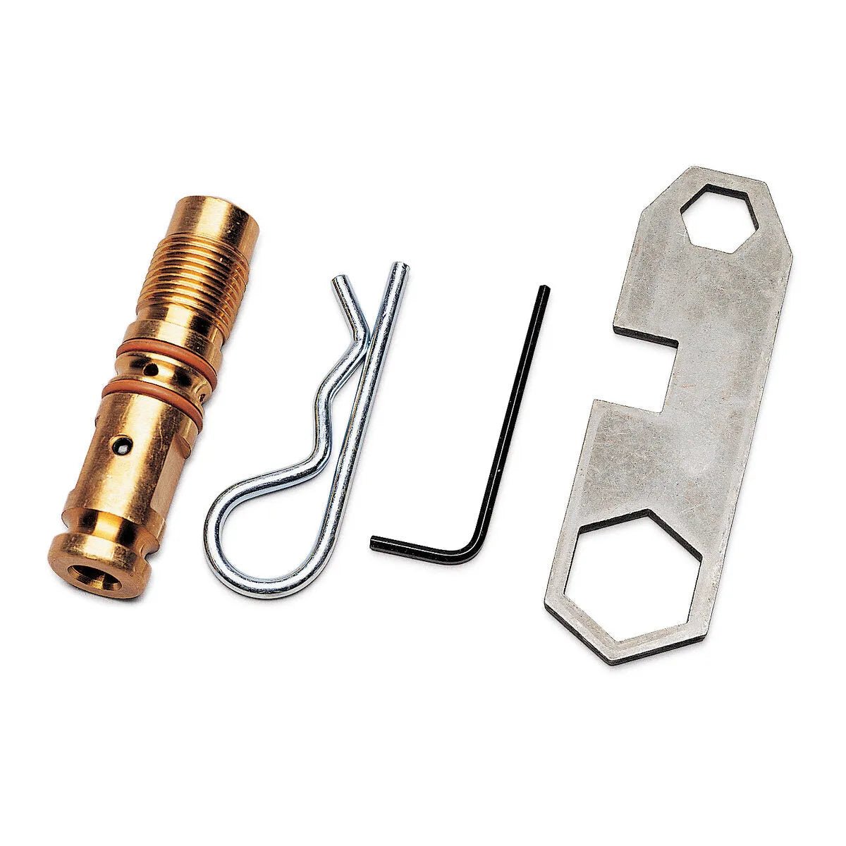 Four items on a white background: a brass fitting, hitch pin, black Allen wrench, and flat multi-tool wrench—perfect as accessories for the Lincoln Connector Kit Tweco No. 2, No. 3, No. 4 K466-2 or as wire feeder connector tools.