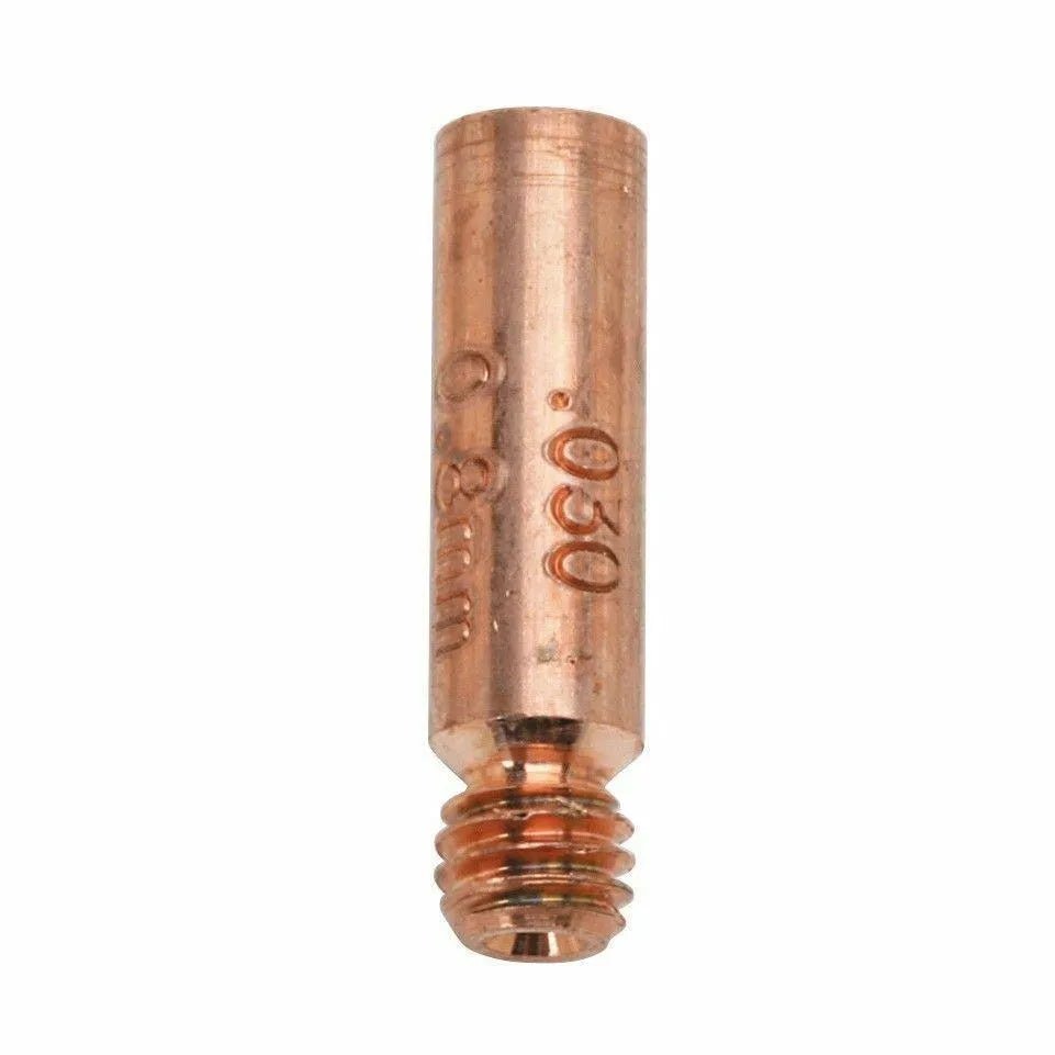 A copper-colored cylindrical contact tip with a threaded end, designed for the Magnum 100L Gun, features inscriptions reading 0.8mm and .030 inch on its side.