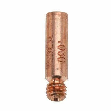 A close-up of a copper contact tip with a threaded end, designed for the Magnum 100L Gun, featuring engraved text .030 and 0.8mm indicating wire size compatibility.