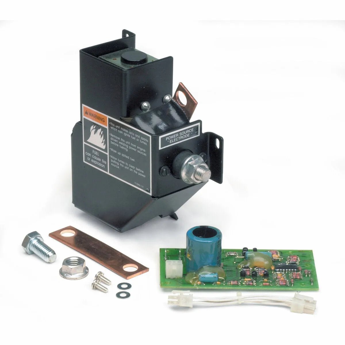 The Lincoln Contactor Kit K938-1 includes a black Amptrol electrical relay with warning labels, large terminal, green circuit board, metal bolt, copper strip, screws, washer, and two connectors—arranged on a white background.