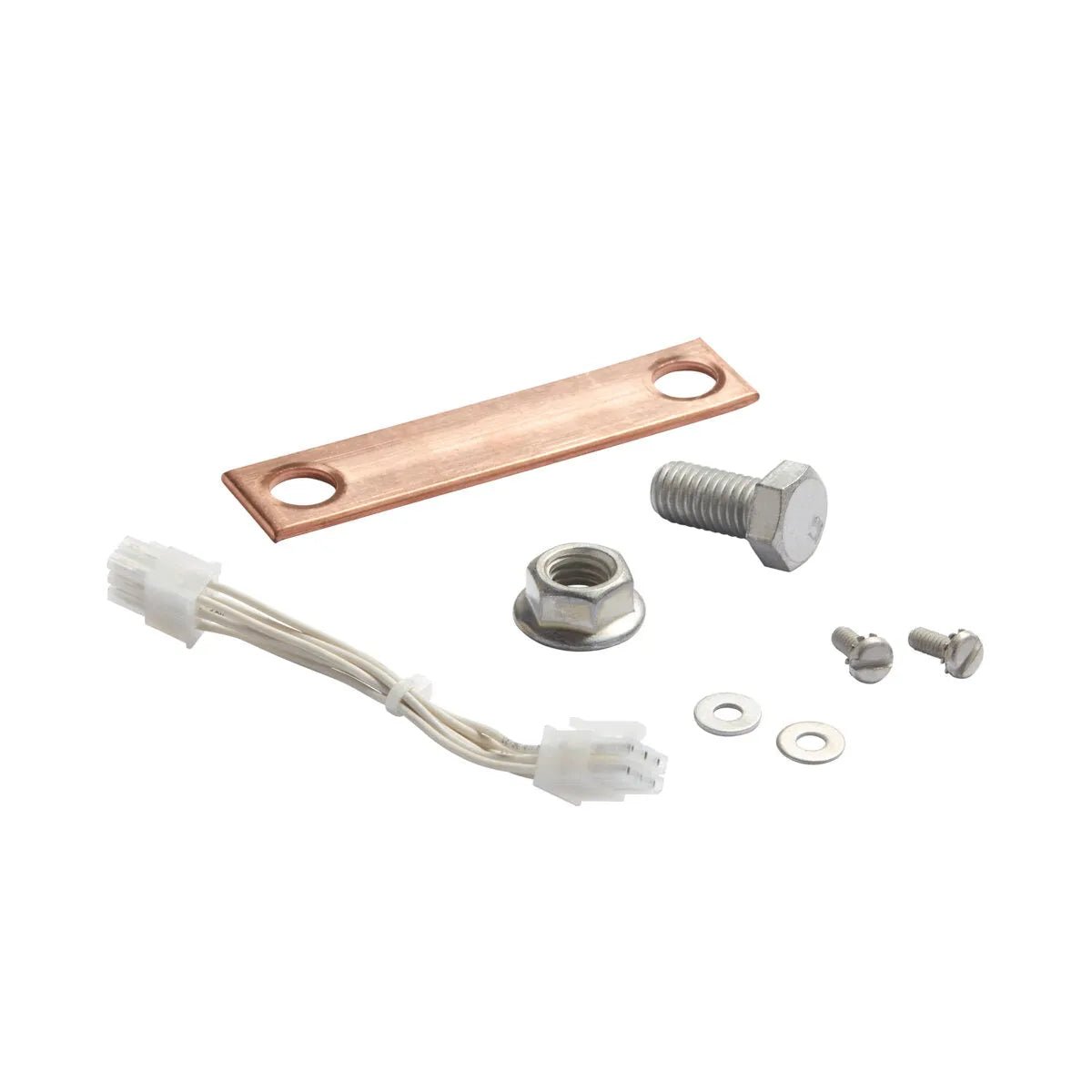 The Lincoln Contactor Kit K938-1 includes a flat copper strip with two holes, hex bolt, hex nut, screws, washers, and white electrical wires with connectors—ideal for TIG Module or Amptrol setups.