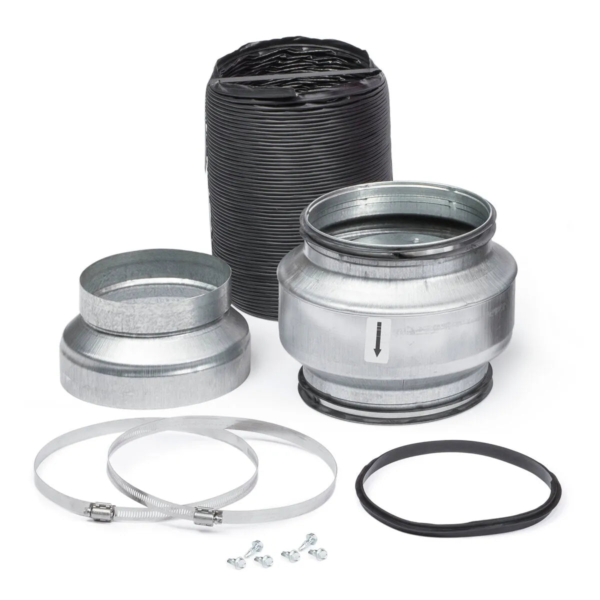 Lincoln K1743-3 Welding Conversion Kit with ducting, clamps, gasket, screws for dual arm Statiflex 200-M, on white background.