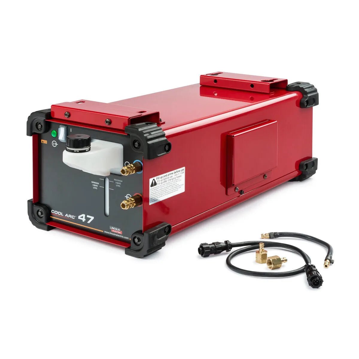 The Lincoln Cool Arc 47 TIG Torch Cooler Aspect 375 K3950-1 features black corner protectors, a control panel, indicator lights, and hose connectors. A coiled black hose with brass fittings is beside the unit on a white surface.