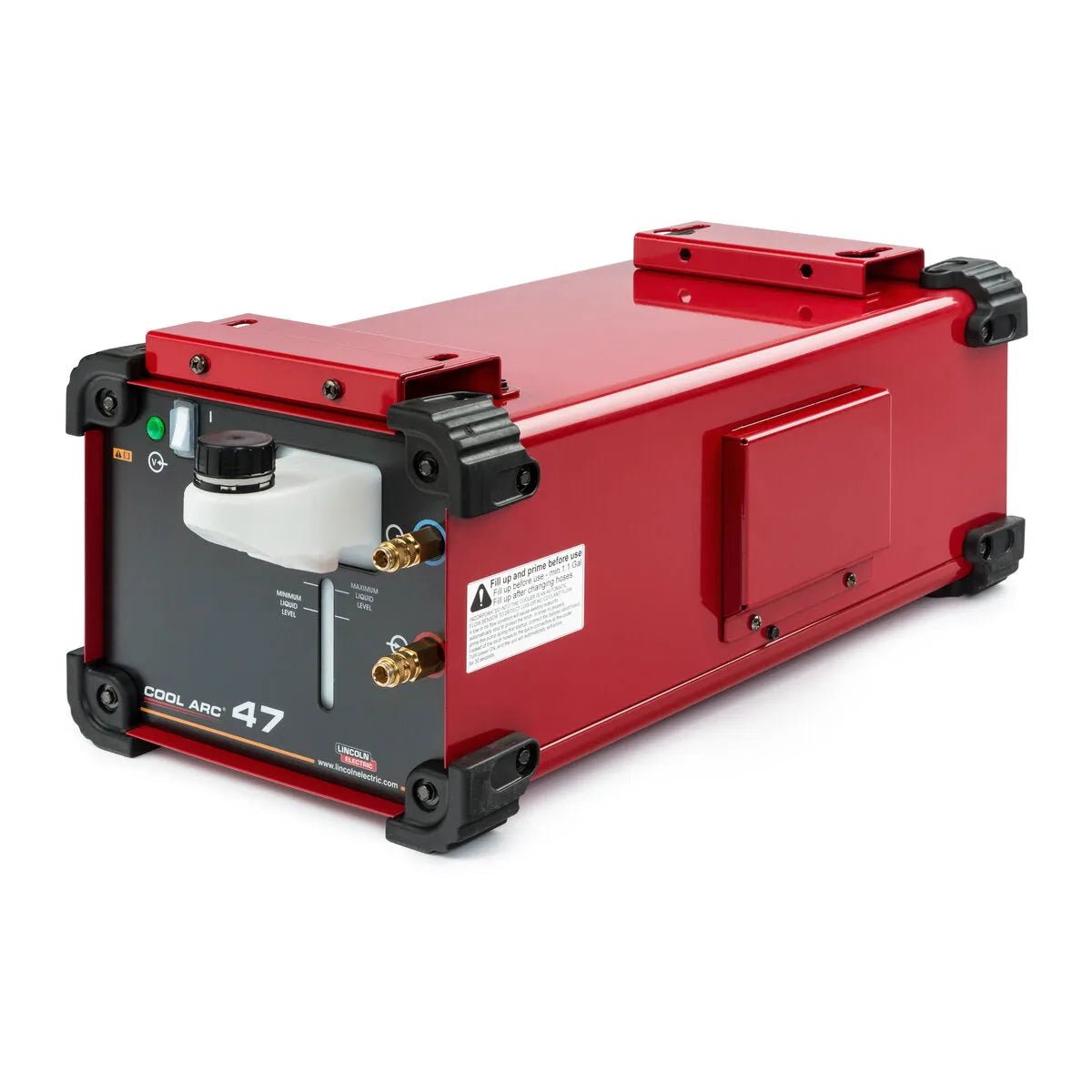 The Lincoln Cool Arc 47 TIG Torch Cooler Aspect 375 K3950-1 is a red, rectangular industrial machine with black corner guards, control knob, indicator lights, and connectors—perfect for use with welders like the Aspect 375.