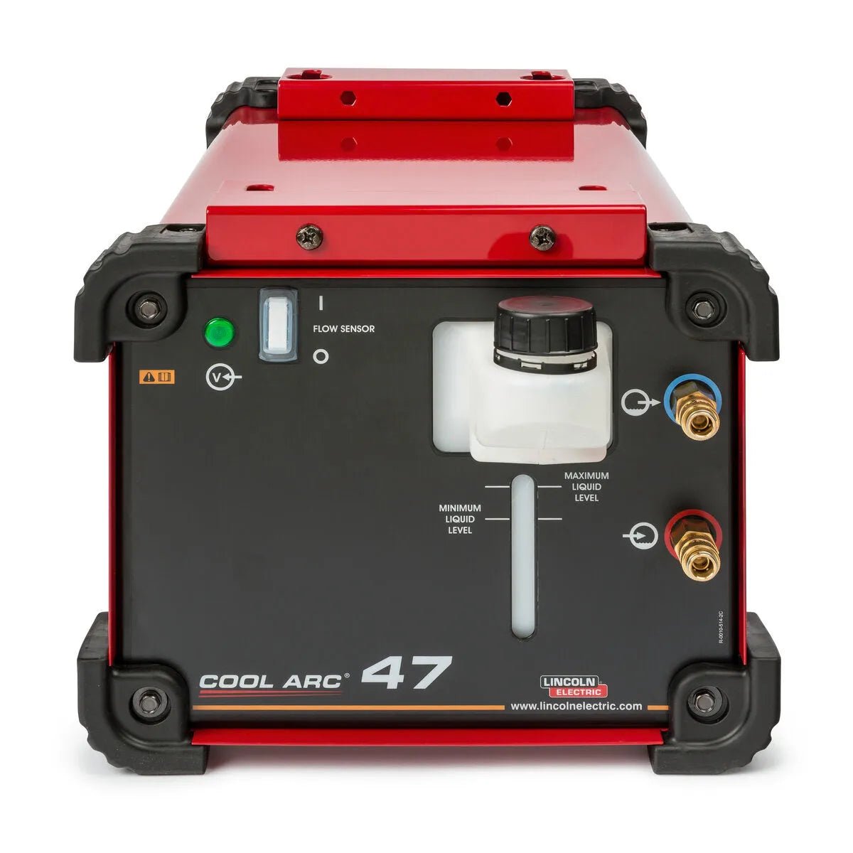 Front view of the Lincoln Cool Arc 47 TIG Torch Cooler Aspect 375 K3950-1, showing a black control panel, labeled controls, clear reservoir with MIN/MAX marks, green flow light, brass connectors, and red top—perfect for Aspect 375 use.