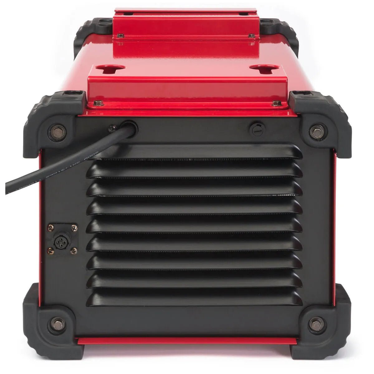 A close-up of the Lincoln Cool Arc 47 TIG Torch Cooler Aspect 375 K3950-1 shows black vent slats, reinforced corners, a connected power cable, and a small circular port on the left side, highlighting its rugged, sturdy design.