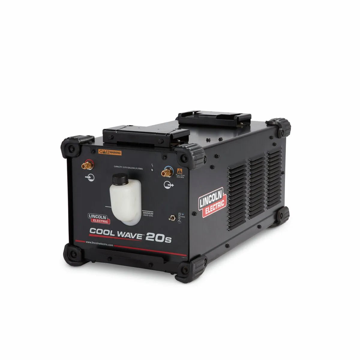A black Lincoln Cool Wave 20S K4713-1 welding torch cooler features side vents, a white fluid reservoir, control knobs, and Lincoln branding. The compact rectangular unit stands on four feet against a white background.