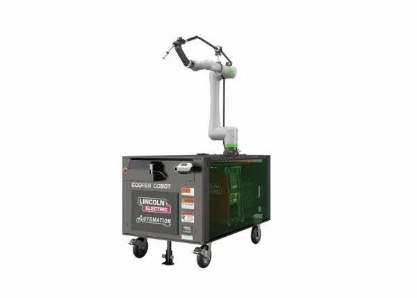 Lincoln Cooper CRX-10iA/L A/C WB Welding Cobot Cart—mobile welding robot with Lincoln Electric Automation branding, gray, on wheels.