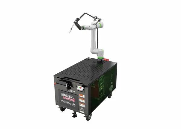Lincoln Cooper CRX-10iA/L A/C WB Welding Cobot Cart with robotic arm, welding torch, and wheeled cabinet by Lincoln Electric.