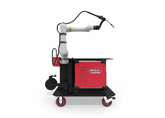 Lincoln Cooper CRX-10iA/L Air-Cooled Welding Cobot Cart AD2489-8, red and black mobile robotic welding equipment with torch.