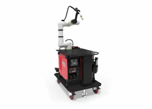 Lincoln Cooper CRX-10iA/L Air-Cooled Welding Cobot Cart with robotic arm, red welder, control panel, black work table.
