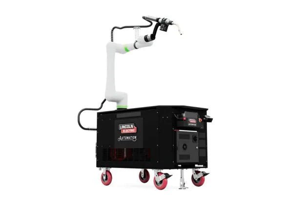 Lincoln Cooper CRX-10iA/L Aluminum Welding Cobot Cart—robotic arm on wheeled base for automated aluminum welding equipment tasks.