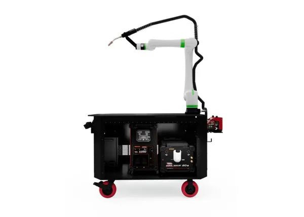Lincoln Cooper CRX-10iA/L Water-Cooled Welding Cobot Cart on black cart, red wheels—premium automated welding robot from WeldingMart.
