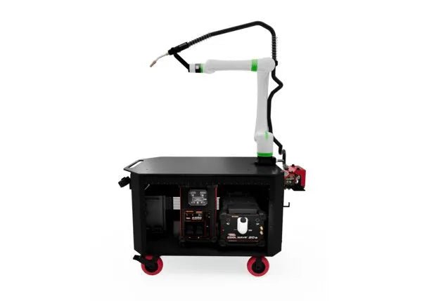 Lincoln Cooper CRX-10iA/L Water-Cooled Welding Cobot Cart with Power Wave R450, robotic arm, and mobile welding cart.