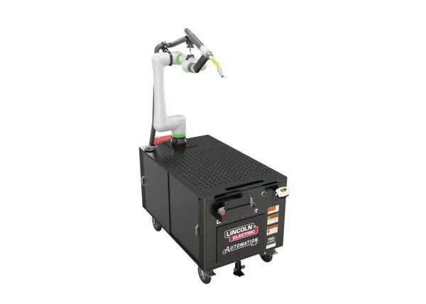 Lincoln Cooper CRX-10iA/L Welding Cobot Cart AD2489-17 with white robotic arm on black AUTOMATIQ cabinet for automated welding.
