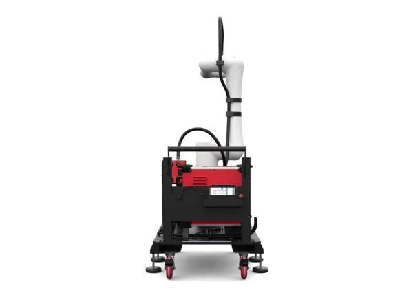 Lincoln Cooper CRX-25iA A/C WB Welding Cobot Cart AD2489-19 with Power Wave R450 robotic welder, red and black on white.