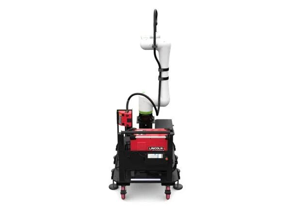 Lincoln Cooper CRX-25iA Welding Cobot Cart AD2489-19 with Power Wave R450 on black-red cart, Lincoln Electric logo, front view.