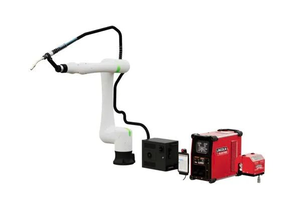 Lincoln Cooper CRX-25iA A/C WB Welding Cobot Non-Cart Package with control box and Lincoln Power Wave welder, white background.