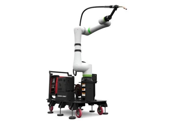 Lincoln Cooper CRX-25iA Air-Cooled Welding Cobot Cart with robotic arm, torch, control units on mobile cart, cables; WeldingMart.