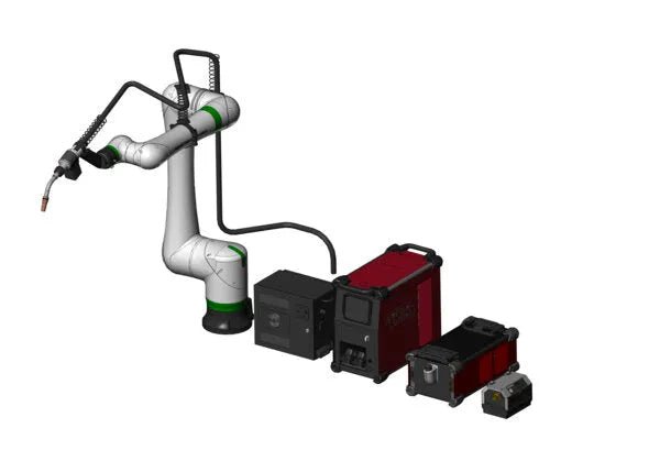 Lincoln Cooper CRX-25iA Aluminum Welding Cobot Non-Cart Package connected to control units for precise aluminum welding tasks.