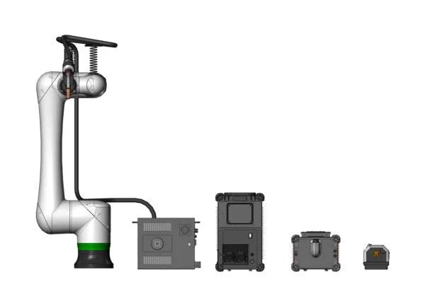 Lincoln Cooper CRX-25iA Aluminum Welding Cobot Non-Cart Package connected to four control units on white background.