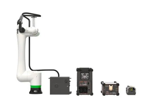 Lincoln Cooper CRX-25iA aluminum welding cobot with base and four electronic components, ideal for WeldingMart automation setups.