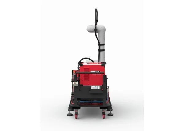 Lincoln Cooper CRX-25iA W/C WB Welding Cobot Cart AD2489-20, red/black, with wheels and exhaust pipe. WeldingMart equipment.