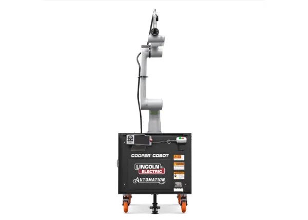 Lincoln Cooper GoFa-10 A/C WB Welding Cobot Cart with gray cobot arm, black wheeled base; pro welding automation tool.