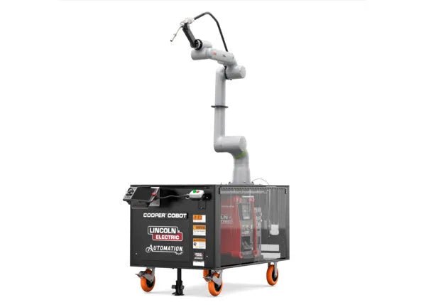 Lincoln Cooper GoFa-10 A/C WB Welding Cobot Cart AD2501-7 with robotic arm, control panel, mobile cart for automated welding tools.