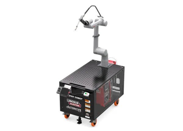 Lincoln GoFa-10 Air-Cooled Welding Cobot Cart AD2501-5 with wheels, control panels, robotic arm—Lincoln Electric welding equipment.