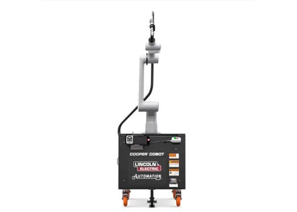 Lincoln Cooper GoFa-10 W/C WB Welding Cobot Cart AD2501-6 with articulated arm on sturdy black-orange wheeled base for WeldingMart.