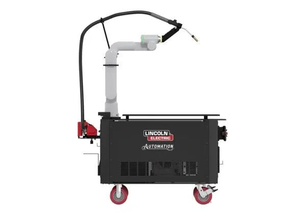 Lincoln Cooper GoFa-5 Air-Cooled Welding Cobot Cart with torch, black body, white arm, red wheels—top welding equipment.